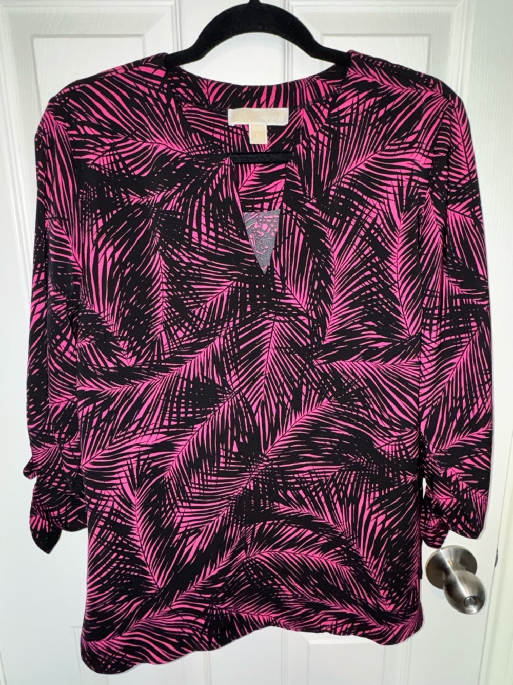 Michael Kors Pink & Black Palm-Print V-Neck Blouse